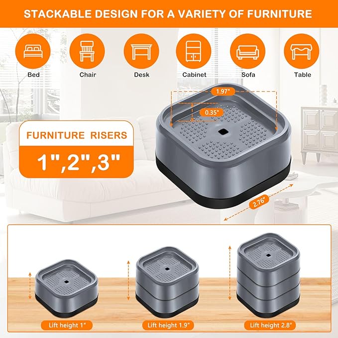 shouwuhho 18 Pack Furniture Risers Adjustable Bed Risers Heavy Duty Lifts Height 1", Square Stackable Bed Risers 1, 2 or 3 Inch for Desk Leg Table Couch Sofa Chair Bed Frame Legs Dorm, Gray