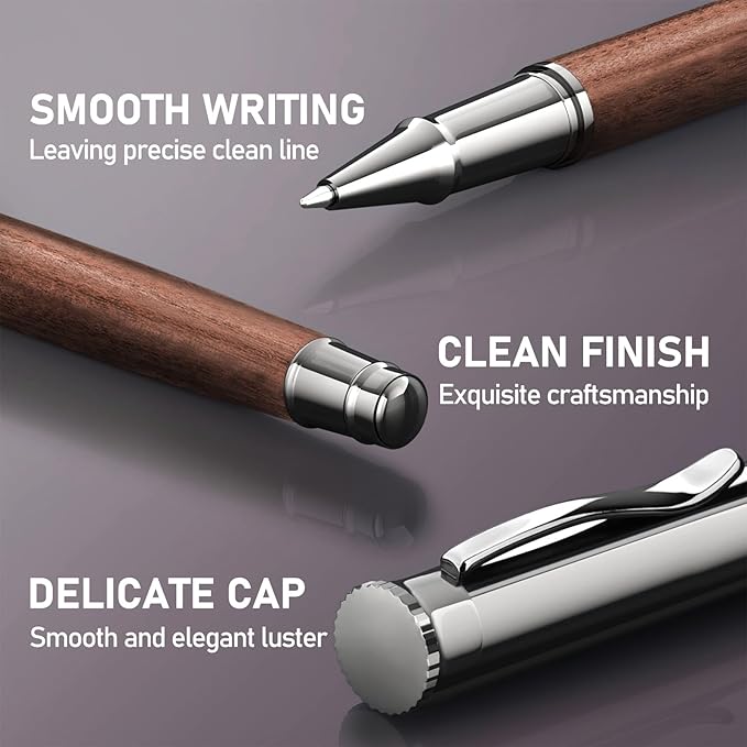 WEMATE Wood Rollerball Pen Set, Extra 2 Ink Refills(1 Black & 1 Blue), Fancy Writing Pen Nice Luxury Office Gift for Men, Professional and Executive, Cool Wooden Pen for Journaling - Bubinga
