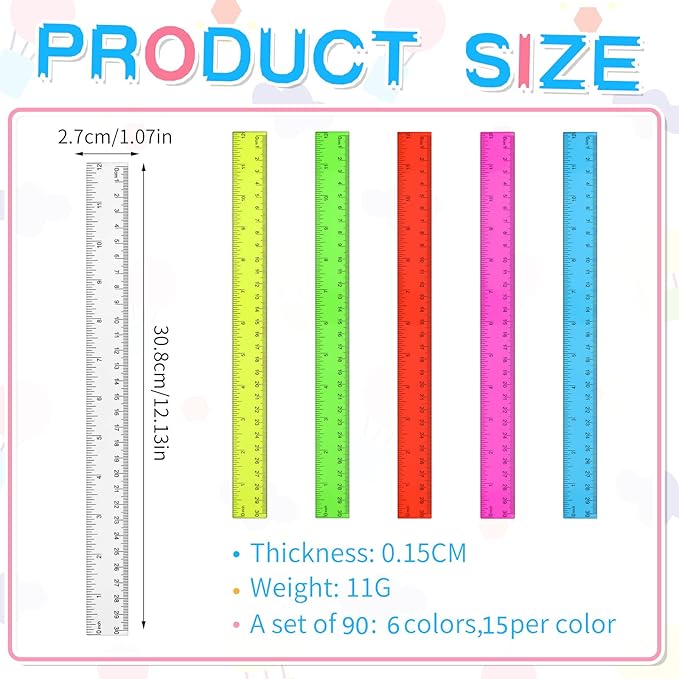 90 Pack Color Transparent Ruler Bulk 12 Inch Clear Plastic Rulers Kids Ruler with Centimeters and Inches Straight Measuring Drafting Tools for Classroom School Students Families Education