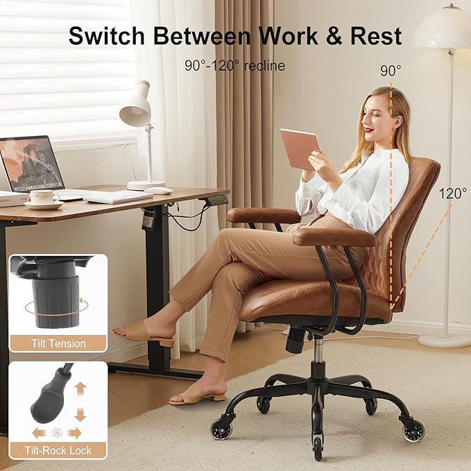 YFO Home Office Desk Chair Office Rubber Casters Ergonomic Computer Chair with Lumbar Support Adjustable Height Rolling Swivel Executive Task Armrests Chair， Brown Leather