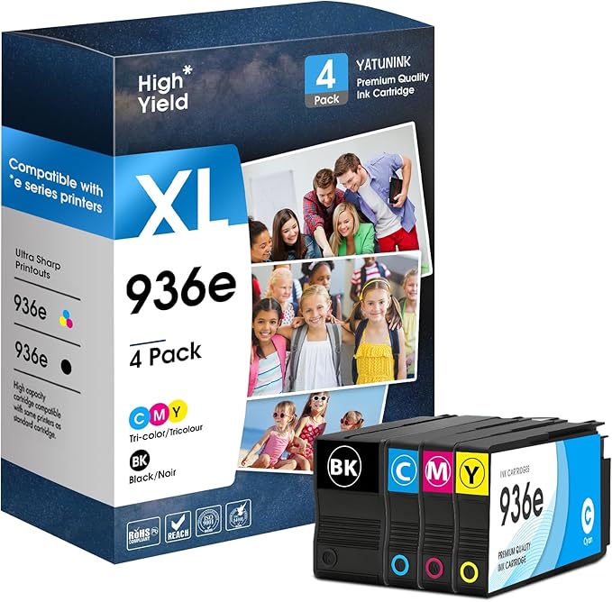 936XL 936e Ink Cartridges Combo Pack Compatible for HP 936 Ink Cartridges Work with OfficeJet 9122e; OfficeJet Pro 9110b, 9125e, 9128e, 9130b, 9135e; OfficeJet Pro Wide Format 9730e (4 Pack)