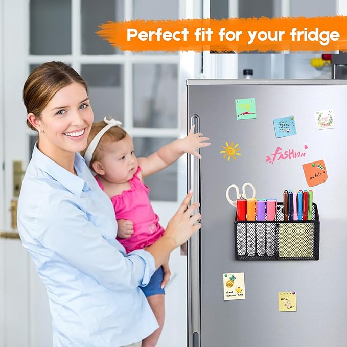 Ameceres Magnetic Pencil Holder - Extra Strong Magnets Mesh Marker Holder Perfect for Whiteboard, Refrigerator and Locker Accessories (2 Baskets, 1 Pack Black)