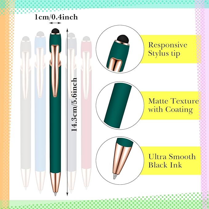 Zonon 38 Pieces Rubberized Ballpoint Pen with Stylus Tip Stylish Metal Pen Capacitive Styli with Soft Rubberized Grip, Black Ink for Most Devices(Classic Colors)