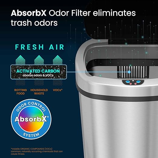 iTouchless 13 Gallon Stainless Steel Kitchen Trash Can with Sensor 2.0 Tech Touchless Lid and AbsorbX Odor Filter, Oval Slim Space-Saving Automatic Garbage Bin for Home, Office, Business, Restroom
