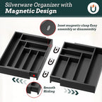 Silverware Organizer Large, Magnetic Connected Expandable 13 Slots Silverware Drawer Organizer From 21 to 37.4 Inches, Adjustable Flatware and Cutlery Holder, Bamboo Utensil Tray for Kitchen Black