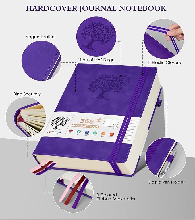 A4 Lined Journal Notebook，365 Page Large Leather Journals for Writing Women Men，Hardcover Notebook with 100Gsm Thick Pages for Travel，Work，School，College Ruled, Daily Diary (8.5" x 11.4")