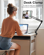 mmcrz Tablet Floor Stand with 11lb Stable Base & Desk Clamp, Adjustable Height Stretchable Arm Swivel Dual Holder, Compatible with iPhone, iPad Pro Air Mini, Galaxy Tab, Kindle, Phones (4.5''-13'')