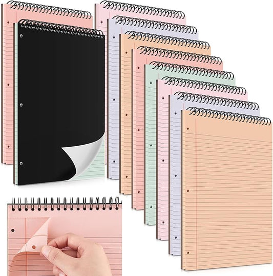 10 Packs 8.5" x 11" Top Spiral Notebook with 3 Hole Punched Legal Pads College Ruled Notepad 50 Sheets Hard Cardboard Paper Wirebound Notepad for Office School Business (Light Colors)