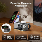 4URPC 6-in-1 Alarm Clock Wireless Charging Station for Apple Multiple Devices,MagSafe Charging Dock for iPhone 17/16/15/14/13 Series, Apple Watch, AirPods,Wireless Charger with Night Light/Alarm Clock