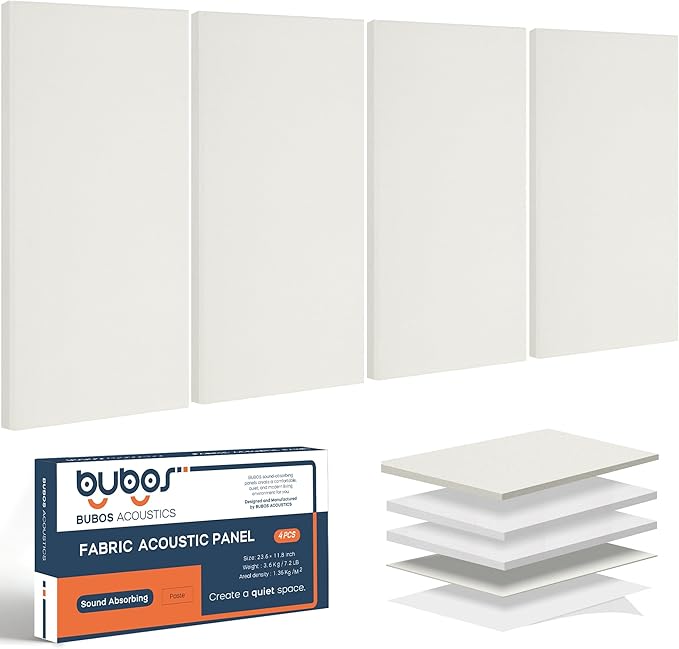 BUBOS 4 PCS Acoustic Panels,23.6''x11.8'' Fabric Soundproof Wall Panels,Self-adhesive Sound Absorbing Panels for Studios, Office, Home Theater, Fabric-Clad Off-White