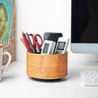 Hennaja Round Leather Art Supply Organizer,Remote Control Holder,360 Degree Spinning,Multi-Functional Pencil Holder,4 Compartments Desktop Stationary Organizer(1-Beige2)