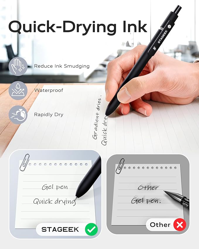 STAGEEK Black Gel Pens, 6Pcs Fine Point Smooth Writing Pens with 3 Extra Refills, Black Ink Pens for Journaling, Office, Note Taking, School Supplies, Nurse Aesthetic(Black Gray White)