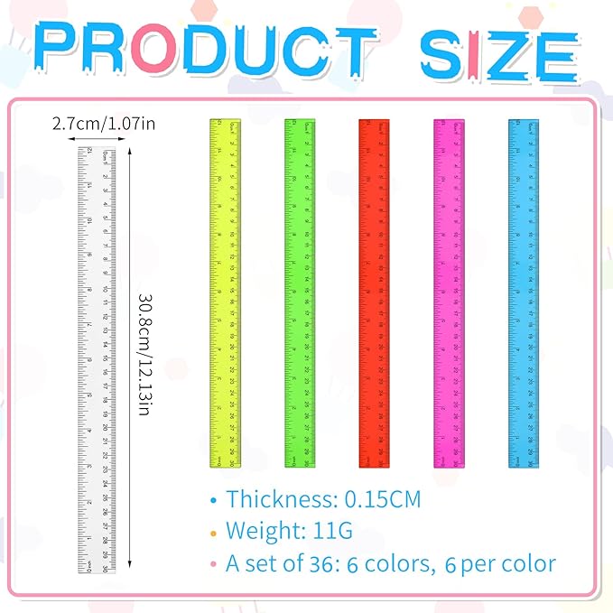 36 Pack Color Transparent Ruler Bulk 12 Inch Clear Plastic Rulers Kids Ruler with Centimeters and Inches Straight Measuring Drafting Tools for Classroom School Students Families Education