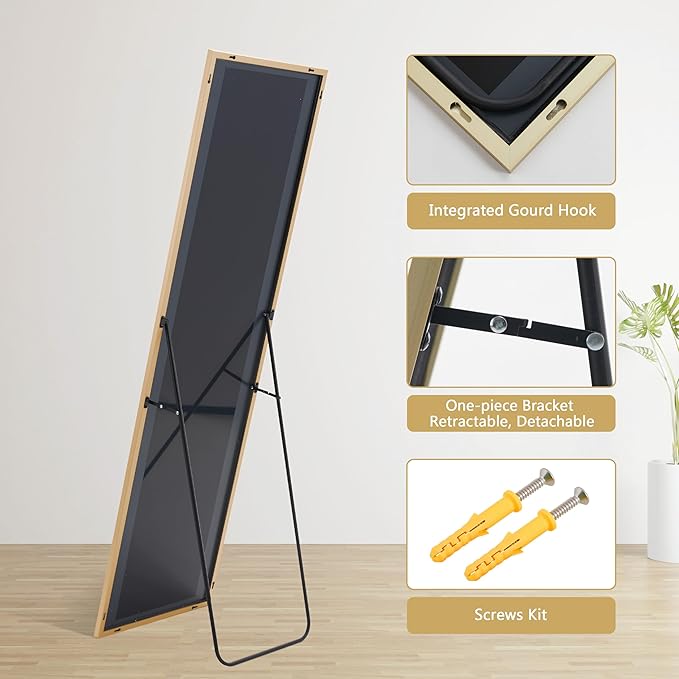 64"×21" Aluminum Gold Frame Full Length Mirror, Large Full Length Mirror for Home Decor, Shatter-Proof Glass Floor Mirror with Stand, Free Standing, Leaning Against Mirror for Bedroom Decor, Gold