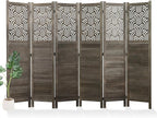Svimi Folding Room Divider, 66.9 Inch 6 Panels Wood Carved Privacy Screens, Free Assembled Freestanding Portable Separation Wall for Home Office Restaurant Bedroom (Gray)