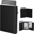 typecase Mens Wallet Card Holder: Pop Up Aluminum Case, Genuine Leather, Smart, RFID Blocking, Slim, Minimalist, Front Pocket - 9-14 Card Capacity | ID Window | Cash Slot (Deep Black)