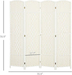HOMCOM 4 Panel Room Divider, 6' Tall Folding Privacy Screen, Hand-Woven Freestanding Wall Partition for Home Office, Bedroom, White