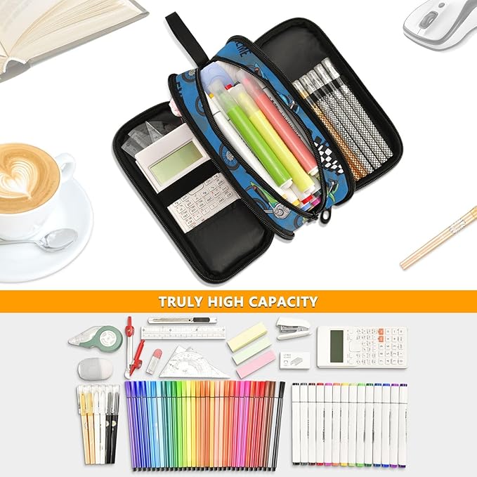 BOENLE Colorful Motorcycle Pencil Case Box Boys Girls Large Pencil Pouch with Zipper Compartments Big Capacity Stationery Pen Bag Organizer for Kids Teens Adults School