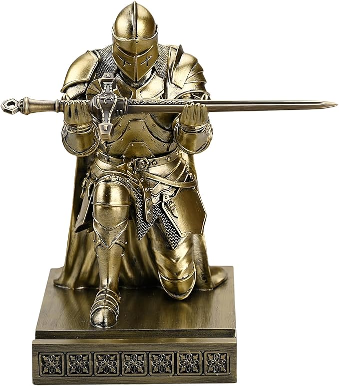 Amoysanli Medieval Armored Warrior Wearing Outerwear, Mobile Phone Stand Knight Pen Holder Desk Organizers, Resin Bookends Paperweight with a Letter Opener for Desk (Bronze)