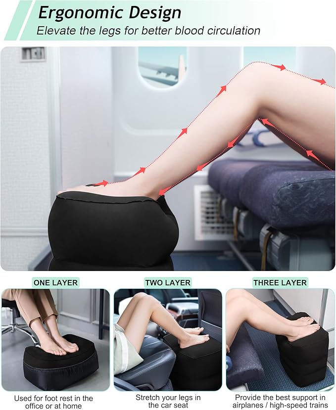 JefDiee Inflatable Travel Foot Rest Pillow, Kids Airplane Bed, Adjustable 3 Layers Height Leg Rest Pillow, Adults Travel Essentials Great for Airplane, Office, Home, Trains, Cars (Black)