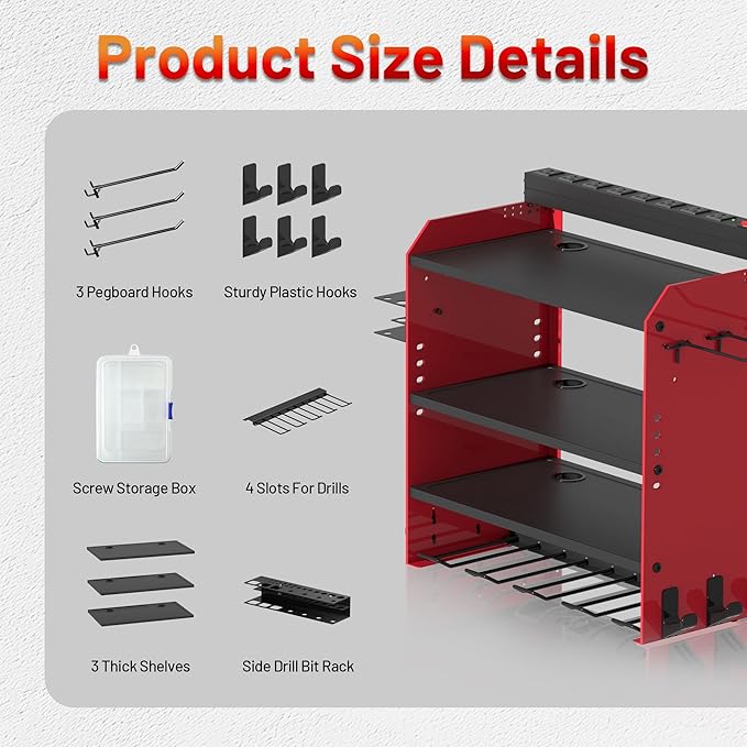 Power Tool Organizer Wall Mount with Charging Station, Garage 4 Drill Storage Shelf with Cordless Tool Holder, Heavy Duty Rack with 8 Outlet Power Strips and Hooks, Gift for Men, Husband (4 Layer)