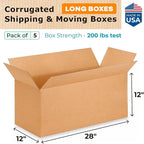 Long Shipping & Moving Boxes 28 x 12 x 12 inches (5-Pack) - Extra Strength 200 lb vs Regular - Corrugated Boxes for Packaging Moving Stuff - Corrugated Packaging Box - Long Box by IDL Packaging