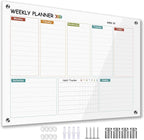 Glass Colorful Weekly Dry Erase Board for Wall,Weekly Planner Whiteboard for Wall 24"x18",Frameless Mounting,Medium Weekly Wall Calendar Dry Erase for Office/School/Home