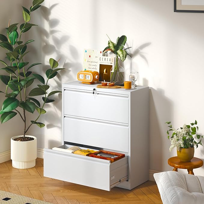 3 Drawer Lateral File Cabinet with Lock, Metal Lateral Filing Cabinet for Home Office, Steel Wide Horizontal Filing Cabinets for Letter/Legal/A4/F4 Hanging Files (White)