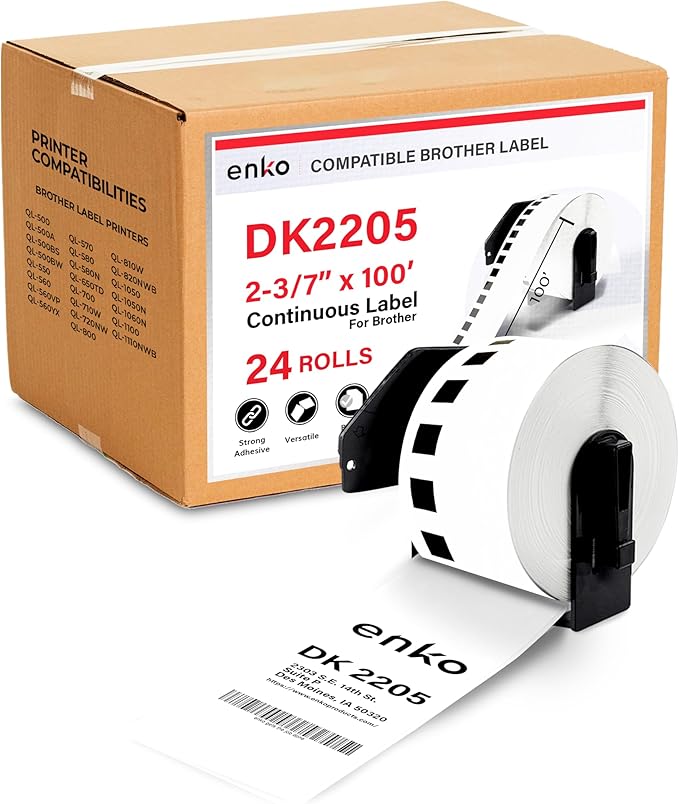 enKo - Compatible DK-2205 Continuous Paper Labels (2.4 Inch x 100 Feet) Compatible for Brother QL Label Printers - 24 Rolls with 8 Refillable Cartridge Frames