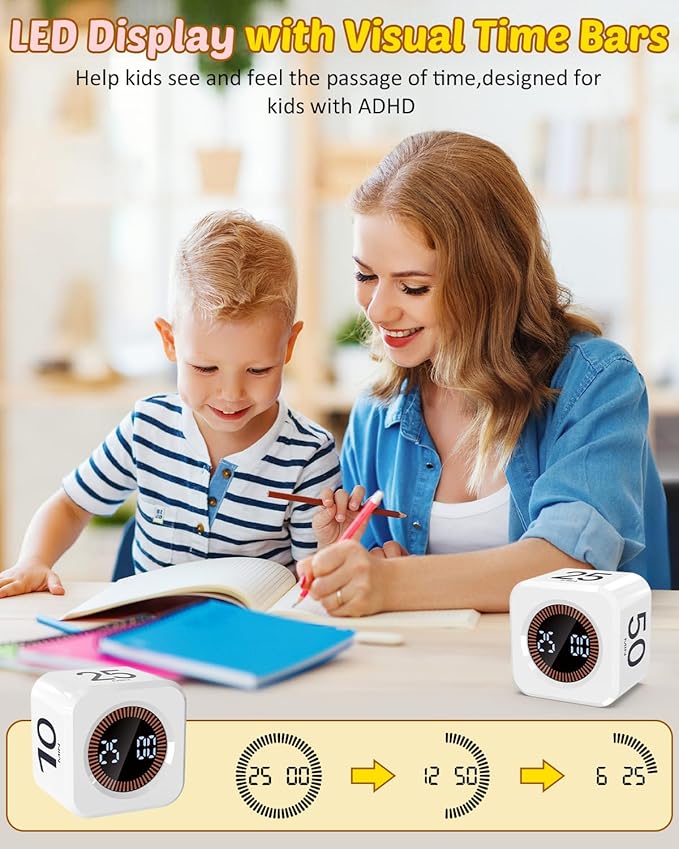 Digital Pomodoro Timer Cube 5/10/25/50min, Visual Productivity Flip Timer for Kids Classroom Desk, Custom Countdown, Silent and Sound Mode for ADHD Study Work Game Kitchen (White)