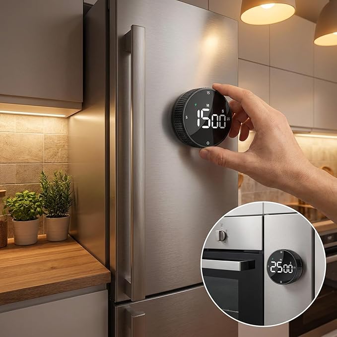 Rechargeable Magnetic Kitchen Timer, LED Countdown/Count-Up Timer, Supports USB-C Charging, with Loud Alarm, 3 Preset Quick Times (5/15/25m), Perfect for Kitchen Cooking, Studying, and Fitness