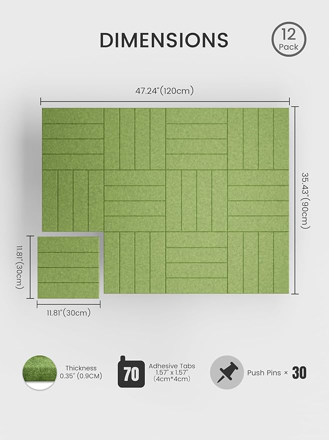 Bumusty Large Cork Board Alternative-47 x35 Felt Bulletin Board Tiles, with 30 Pushpins, 70 Adhesive Tabs, 12-Pack Slat Wall Paneling, Cork Boards for Office Push Pin Board Felt Board-Kelly Green