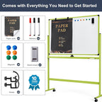 Rolling Whiteboard, 48x32 Inches Mobile Whiteboard on Wheels, Magnetic Dry Erase Board with Stand, Standing White Board for Office, School, Home, Large Double Sided White Board with Paper Pad