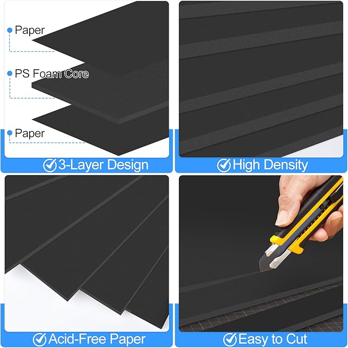 ToLanbbt 12 Pack Black Foam Board, 18 x 24 x 3/16" Thick Foam Core Acid Free Poster Foamboard for Art Craft Projects, Painting, Displaying, Signage, Wedding, School