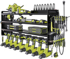 NattyDot Power Tool Organizer Wall Mount with Charging Station,Cordless Tool Organizer 8 Drill Holder, 4 Layer Storage Rack for Garage Organization,Tool Holder with 8 Outlet Power Strip (Black)