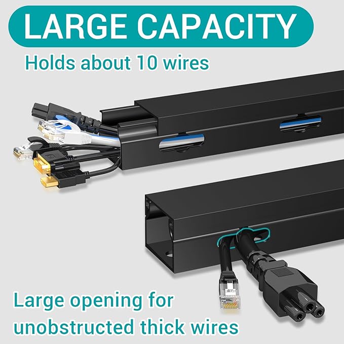 Cable Hider Raceway Kit, Magnetic Cable Management Under Desk with Upgraded Aesthetic Large Hole, Cord Organizer Kit for Hiding Computer, Gaming Desk, Network, Power Cord, TV - 4PCS 4x15.7in Black