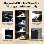 Amllas 8 Pack Shoe Boxes Black Plastic Stackable, Large Shoe Storage Organizer,Drop Side Front Shoe Containers for Entryway,Sneaker Storage Fit up to US Size 13 for Men/Women(13’’x 10.6”x 8.3”)