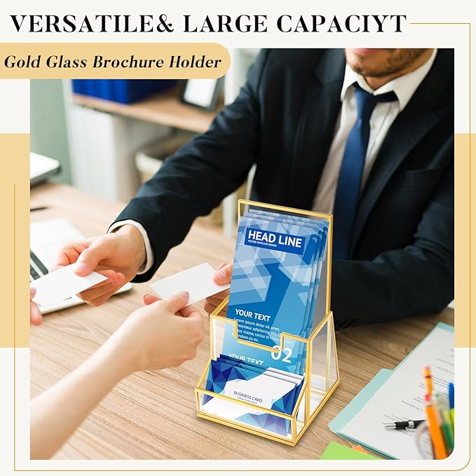 2 Pcs 4 Inches Gold Glass Brochure Holder Countertop Literature Trifold Pamphlet Stand with Business Name Card Holder Flyer Brochure Display for Magazine, Booklets, Menu, Journals Display