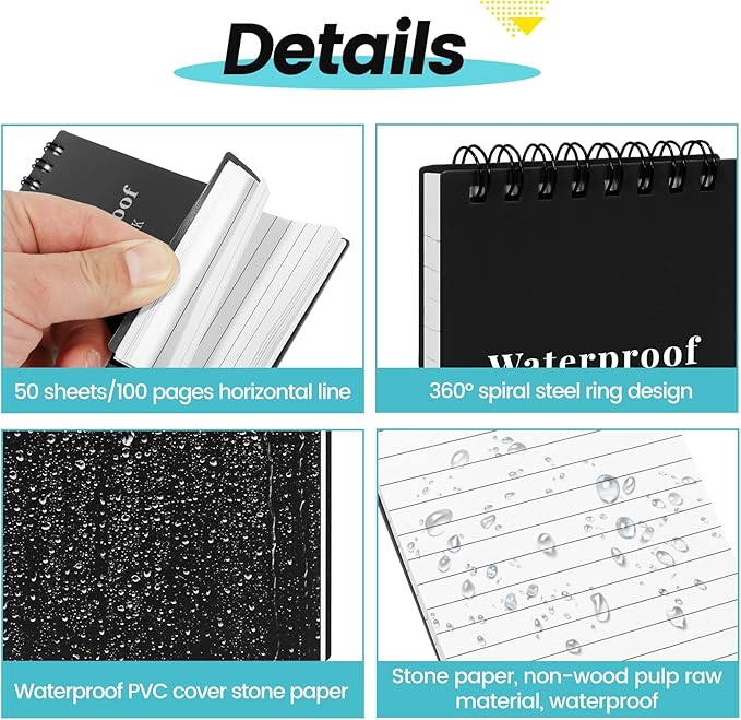 6 Pack Waterproof Notebook, 3x5 Pocket Notepad, Small Top Spiral Stone-Paper Notepad, Mini Pocket Notebook, Little Memo Note Pads for Outdoor, Office, School, Travel (Black)