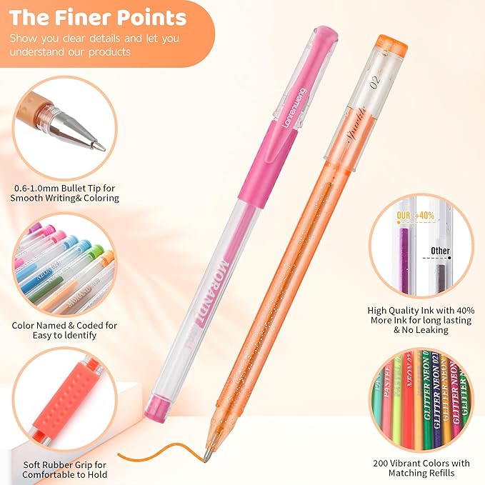 400 Pack Gel Pens for Adult Coloring Books, 200 Colored Gel Pen Include 200 Refills with 40% More Ink,Glitter Gel Pens Set for Coloring Books Drawing Journaling Scrapbook Art Supplies