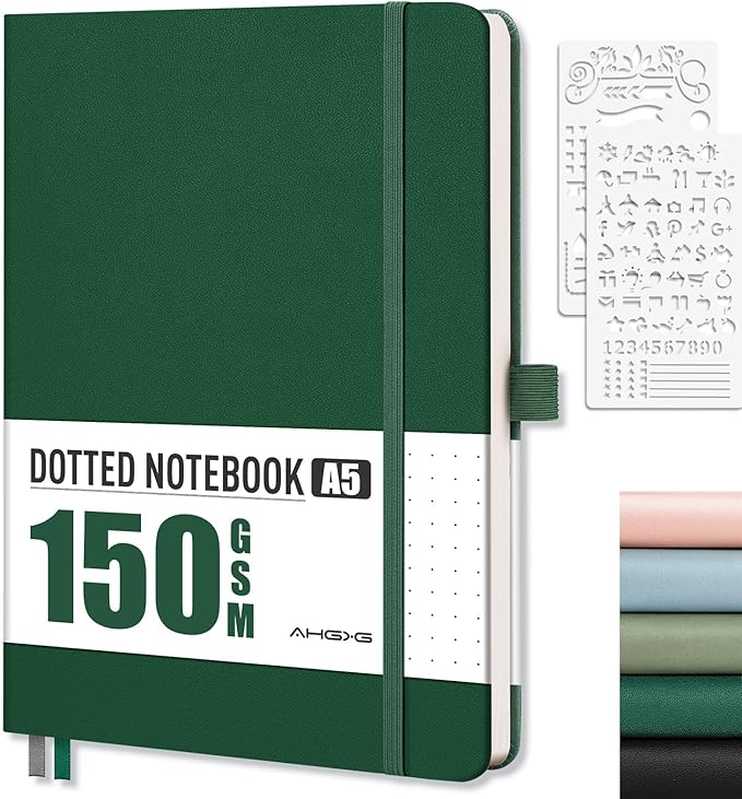 AHGXG Bullet Dotted Journal - 150 GSM Dot Grid Notebook Journal, Thick Acid-Free Paper, A5 Dotted Notebook 128 Pages, Leather Hardcover, Inner Pocket, Journal Stencil, 5.7'' × 8.3'' - Green