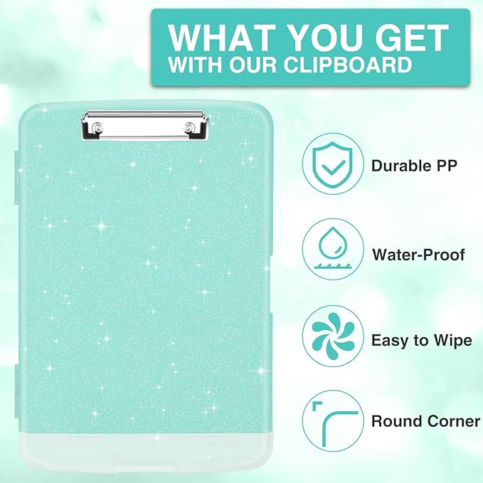 Sooez Glitter Clipboard with Storage, High Capacity Clip Boards 8.5x11 with Pen Holder, Cute Clipboards with Low Profile Clip, Sparkle Plastic Organizer Case Box for Women & Kids, Side Opening