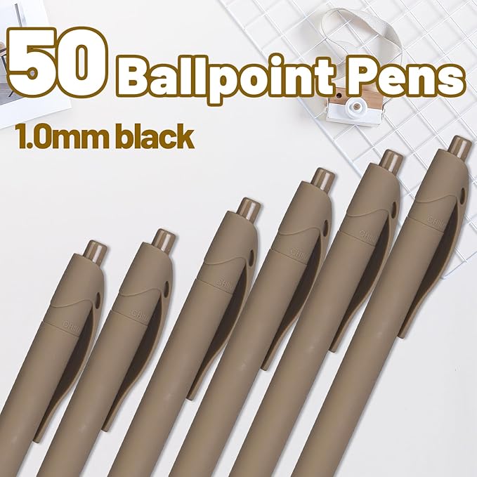 BallPoint Pens, 50 Pack (BLACK Ink),Bulk Pens, Brown Coffee Barrel,Click Pens for Office Home and School, Retractable Ballpoint Pens, Medium Point, 1.00MM (Brown/Coffee)