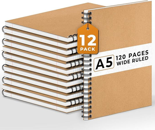 12 Pack Spiral Wide Ruled Journal Notebook, 5.8 x 8.3, 120 Pages (60 Sheets), 100 GSM, A5 Executive Kraft Hardcover Notebooks, Perfect for Work, Office, School, Travel, Business, Note Taking