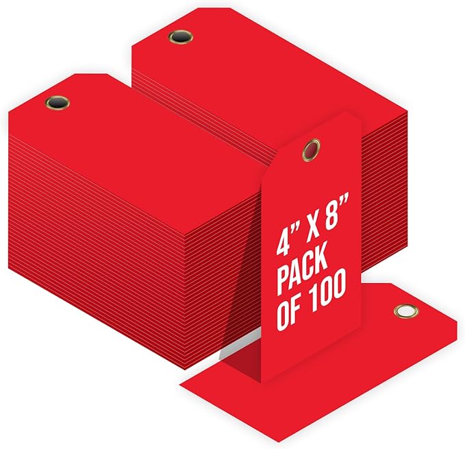 Tags 4 Less 15 Mil Waterproof Plastic Tags, Pack of 100 – 4” x 8” Heavy Duty Plastic Tags for Labeling, Outdoor Tagging, Equipment Labeling, Luggage, Valves & More (Red)