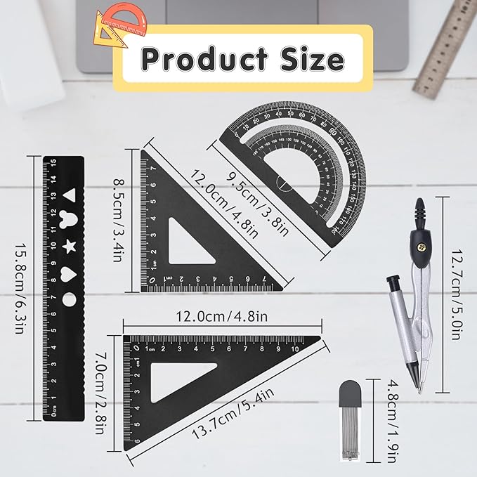 6 Pcs Metal Geometry Set, Math Geometry Kit, Metal Ruler Set and Compass Geometry Tool, Rulers Protractor and Compass Set for Student School and Drawings Supplies (Black)