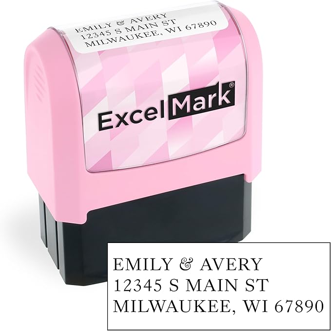 ExcelMark Address Stamp - Custom Return Address Stamp with Elegant Designs, Vibrant Colors & Patterns – Perfect for Mail, Invitations & Gifts (Pink Mount, Everyday Elegance)