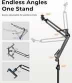UBeesize Overhead Camera Mount with 360° Adjustable Arm & Phone Holder for TikTok Live Streaming Photography Studio Content Creation, Desk Mount for DSLR Cameras/Webcam/iPhone/Ring Light/Microphone