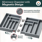 Silverware Organizer Large, Magnetic Connected Expandable 13 Slots Silverware Drawer Organizer from 21 to 37.4 Inches, Adjustable Flatware and Cutlery Holder, Bamboo Utensil Tray for Kitchen Gray