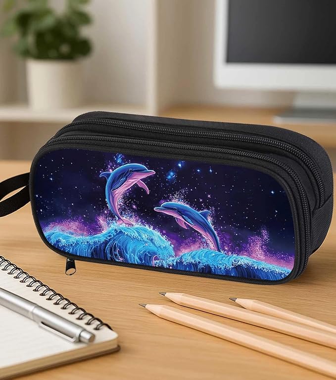 AnySmic Dolphin Pencil Case for Boys Girls, Large Durable Pencil Pouch for Kids, Polyester Big Capacity Pen Case, Double Zipper, Pen Box for Children Age 6+